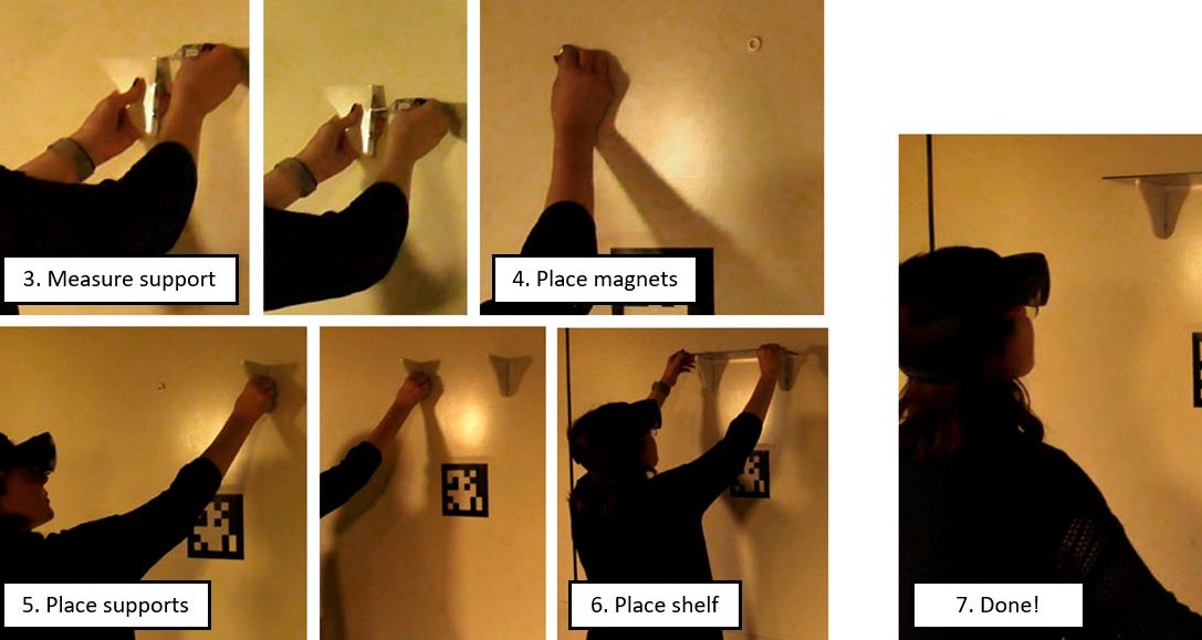 A series of images of someone using an AR headset to show instructions for hanging a shelf. In the images, they are using a controller to measure the wall, placing two supports, and placing a shelf.