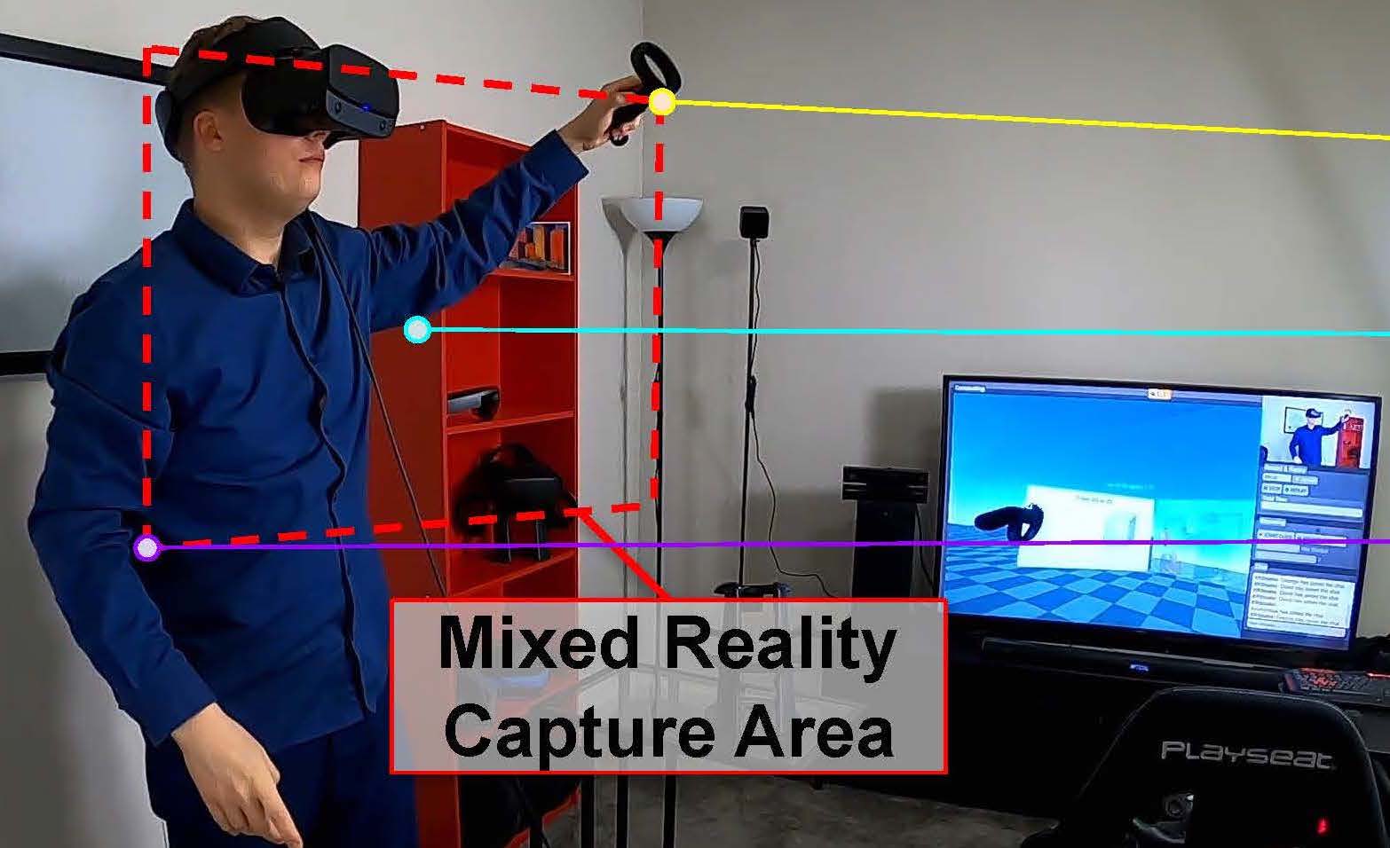 A man using a virtual reality headset, holding a controller up. There are lines drawn on top of the image to show parts of his body being tracked for XRStudio configuration