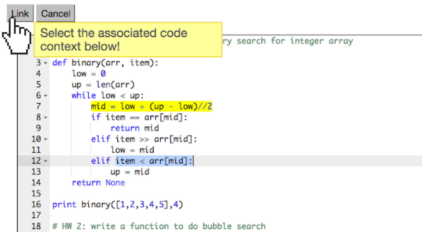 A screenshot of a code editor in EdCode. There is a hand pointing icon towards a button that says "Link", and a yellow box overlaid on the screenshot says "Select the associated code context below!"